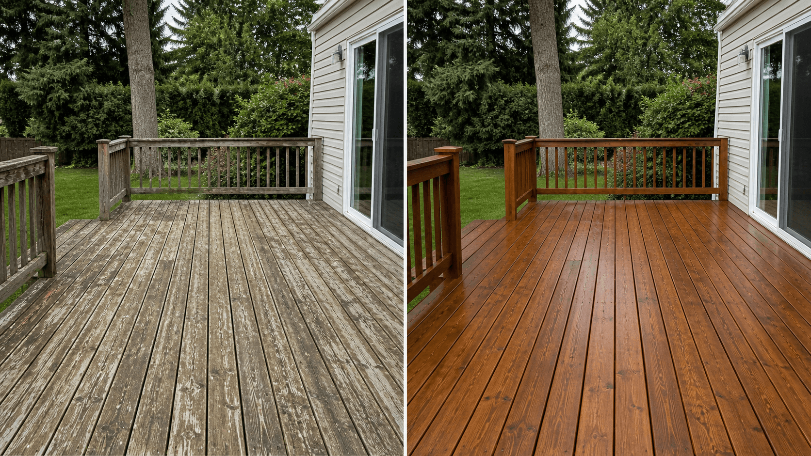 Before and after of a restored backyard deck