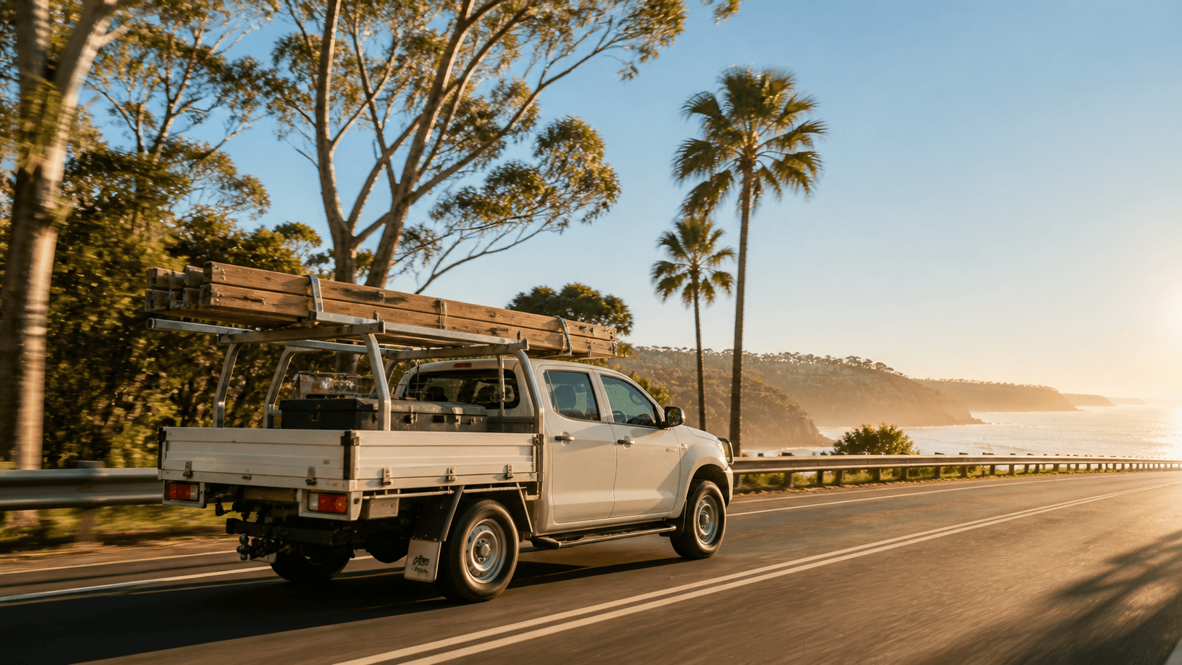 Work truck driving along a road